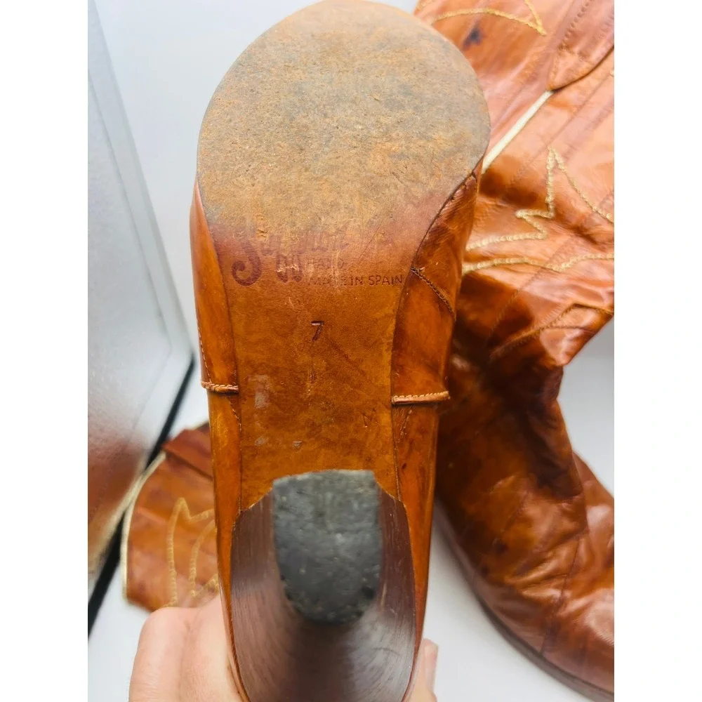 Sacha London Vintage Cognac Leather Western Cowboy Boots Made in Spain Heel 3.5" - Picture 10 of 10